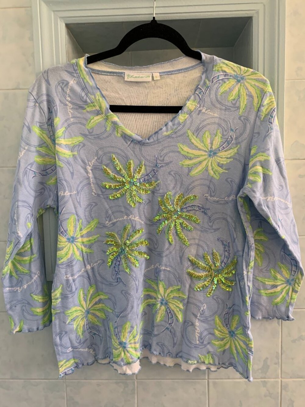 LULU-B Blue SEQUINED Longsleeve Large Cotton TSHIRT Tropical Summer Fun